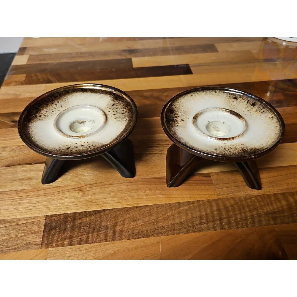 Set Of 2 Vintage MCM Dark Brown Glazed Pottery Taper Holders Candle Holders
